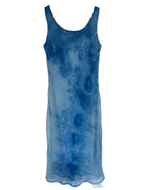 Y2K Vintage Monochrome Bright Blue Tie Dye Tank Dress Midi Sundress Chiffon